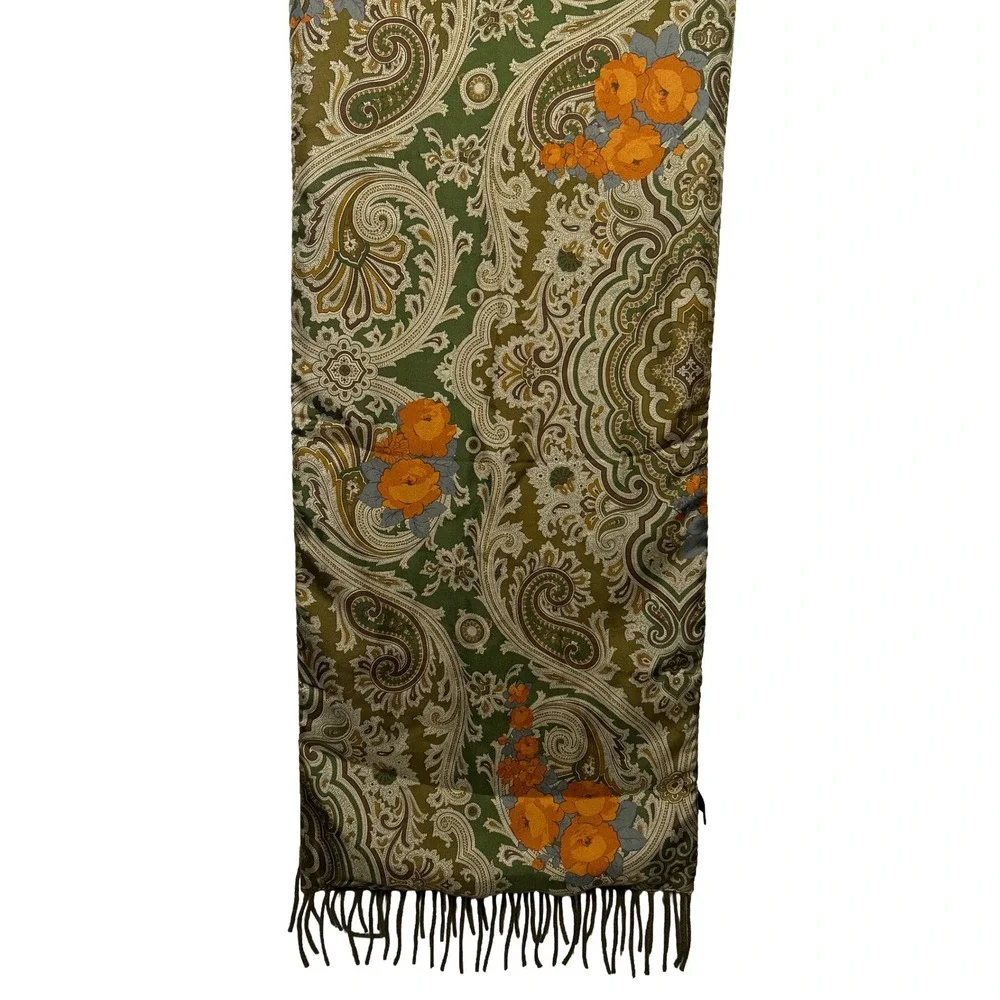 Reversible Wool Silk Scarf Made in Italy Floral Paisley‎ Green Orange Luxury